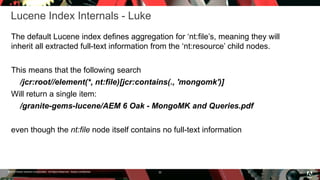 © 2016 Adobe Systems Incorporated. All Rights Reserved. Adobe Confidential.
Lucene Index Internals - Luke
The default Lucene index defines aggregation for ‘nt:file’s, meaning they will
inherit all extracted full-text information from the ‘nt:resource’ child nodes.
This means that the following search
/jcr:root//element(*, nt:file)[jcr:contains(., 'mongomk')]
Will return a single item:
/granite-gems-lucene/AEM 6 Oak - MongoMK and Queries.pdf
even though the nt:file node itself contains no full-text information
30
 