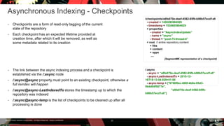 © 2016 Adobe Systems Incorporated. All Rights Reserved. Adobe Confidential.
Asynchronous Indexing - Checkpoints
 Checkpoints are a form of read-only tagging of the current
state of the repository
 Each checkpoint has an expected lifetime provided at
creation time, after which it will be removed, as well as
some metadata related to its creation
33
/checkpoints/a6fe070e-deef-4582-85fb-b96b57ecd1a9
- created = 1450285984929
- timestamp = 1536685984929
+ properties
- creator = "AsyncIndexUpdate”
- name = "async”
- thread = "pool-75-thread-4”
+ root // entire repository content
+ libs
+ content
+ apps
....
[SegmentMK representation of a checkpoint]
 The link between the async indexing process and a checkpoint is
established via the /:async node
 /:async@async property must point to an existing checkpoint, otherwise a
full reindex will happen
 /:async@async-LastIndexedTo stores the timestamp up to which the
repository was indexed
 /:async@async-temp is the list of checkpoints to be cleaned up after all
processing is done
/:async
- async = “a6fe070e-deef-4582-85fb-b96b57ecd1a9”
- async-LastIndexedTo = 2015-12-
16T18:13:04.929+01:00
- async-temp = ["6766f0ec-600f-4b8e-95d3-
9b4d04f5877e",
"a6fe070e-deef-4582-85fb-
b96b57ecd1a9”]
 