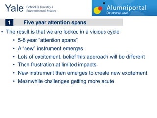 Yale 	
  School	
  of	
  Forestry	
  &	
  
         Environmental	
  Studies	
  


	
  	
  1 Five year attention spans
The result is that we are locked in a vicious cycle
     5-8 year attention spans
     A new instrument emerges
     Lots of excitement, belief this approach will be different
     Then frustration at limited impacts
     New instrument then emerges to create new excitement
     Meanwhile challenges getting more acute
 