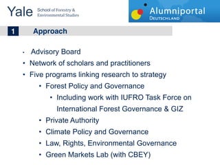 Yale 	
  School	
  of	
  Forestry	
  &	
  
         Environmental	
  Studies	
  


	
  	
  1 Approach
       Advisory Board
      Network of scholars and practitioners
      Five programs linking research to strategy
               Forest Policy and Governance
                        Including work with IUFRO Task Force on
                        International Forest Governance & GIZ
               Private Authority
               Climate Policy and Governance
               Law, Rights, Environmental Governance
               Green Markets Lab (with CBEY)
 