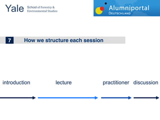 Yale 	
  School	
  of	
  Forestry	
  &	
  
          Environmental	
  Studies	
  


 	
  	
  
 1
 7
 2       How we structure each session
         The big topics in Wind Energy




introduction                            lecture   practitioner discussion
 