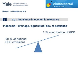 Yale 	
        School	
  of	
  Forestry	
  &	
  
               Environmental	
  Studies	
  


	
  	
  
Session # 2   December 10, 2012




 1
 3
 2            e.g.: imbalance in economic relevance
              The big topics in Wind Energy


 Indonesia               drainage / agricultural dev. of peatlands

                                                   1  %  contribution  of  GDP  

    50  %  of  national    
    GHG  emissions  
 