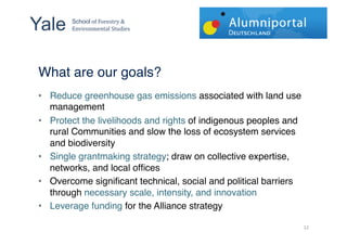 Yale !   School!"#!$"%&'(%)!*!
         +,-.%",/&,(01!2(34.&'!


!!
 What are our goals?!
 •  Reduce greenhouse gas emissions associated with land use
    management!
 •  Protect the livelihoods and rights of indigenous peoples and
    rural Communities and slow the loss of ecosystem services
    and biodiversity!
 •  Single grantmaking strategy; draw on collective expertise,
    networks, and local ofﬁces!
 •  Overcome signiﬁcant technical, social and political barriers
    through necessary scale, intensity, and innovation!
 •  Leverage funding for the Alliance strategy!

                                                                   '!"
 