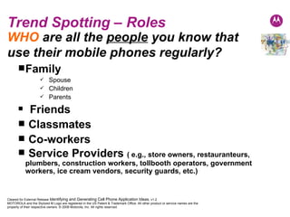 Trend Spotting – Roles WHO  are all the  people  you know that use their mobile phones regularly?   Family Spouse Children Parents Friends Classmates Co-workers Service Providers  ( e.g., store owners, restauranteurs, plumbers, construction workers, tollbooth operators, government workers, ice cream vendors, security guards, etc.) 
