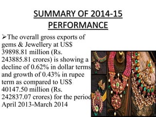 SUMMARY OF 2014-15
PERFORMANCE
The overall gross exports of
gems & Jewellery at US$
39898.81 million (Rs.
243885.81 crores) is showing a
decline of 0.62% in dollar terms
and growth of 0.43% in rupee
term as compared to US$
40147.50 million (Rs.
242837.07 crores) for the period
April 2013-March 2014
 