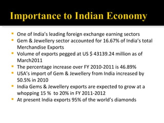    One of India’s leading foreign exchange earning sectors
   Gem & Jewellery sector accounted for 16.67% of India’s total
    Merchandise Exports
   Volume of exports pegged at US $ 43139.24 million as of
    March2011
   The percentage increase over FY 2010-2011 is 46.89%
   USA’s import of Gem & Jewellery from India increased by
    50.5% in 2010
   India Gems & Jewellery exports are expected to grow at a
    whopping 15 % to 20% in FY 2011-2012
   At present India exports 95% of the world’s diamonds
 