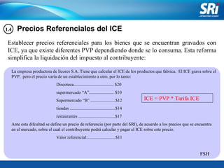 Precios Referenciales del ICE La empresa productora de licores S.A. Tiene que calcular el ICE de los productos que fabrica...