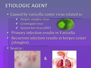 ETIOLOGIC AGENT
 Caused by varicella zoster virus related to
Herpes simplex virus
Cytomagalo virus
Epstein bar virus (EBV)
 Primary infection results in Varicella.
 Recurrent infection results in herpes zoster
(shingles).
 Source :
&
 