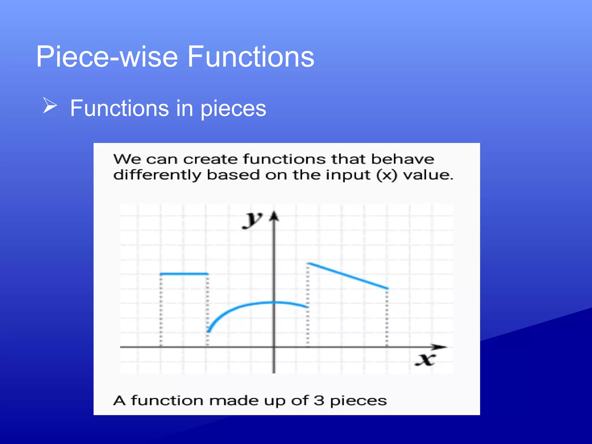 Piece-wise Functions
 Functions in pieces
 