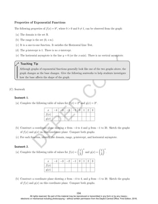D
E
P
E
D
C
O
P
Y
Properties of Exponential Functions
The following properties of f(x) = bx, where b  0 and b 6= 1, can be observed from the graph:
(a) The domain is the set R.
(b) The range is the set (0, +∞).
(c) It is a one-to-one function. It satises the Horizontal Line Test.
(d) The y-intercept is 1. There is no x-intercept.
(e) The horizontal asymptote is the line y = 0 (or the x-axis). There is no vertical asymptote.
Although graphs of exponential functions generally look like one of the two graphs above, the
graph changes as the base changes. Give the following seatworks to help students investigate
how the base aects the shape of the graph.
Teaching Tip
(C) Seatwork
Seatwork 1.
(a) Complete the following table of values for f(x) = 2x and g(x) = 3x.
x −4 −3 −2 −1 0 1 2 3
f(x)
g(x)
(b) Construct a coordinate plane showing x from −4 to 4 and y from −1 to 30. Sketch the graphs
of f(x) and g(x) on this coordinate plane. Compare both graphs.
(c) For each function, identify the domain, range, y-intercept, and horizontal asymptote.
Seatwork 2.
(a) Complete the following table of values for f(x) =

1
2
x
and g(x) =

1
3
x
.
x −4 −3 −2 −1 0 1 2 3
f(x)
g(x)
(b) Construct a coordinate plane showing x from −4 to 4, and y from −1 to 30. Sketch the graphs
of f(x) and g(x) on this coordinate plane. Compare both graphs.
104
All rights reserved. No part of this material may be reproduced or transmitted in any form or by any means -
electronic or mechanical including photocopying – without written permission from the DepEd Central Office. First Edition, 2016.
 