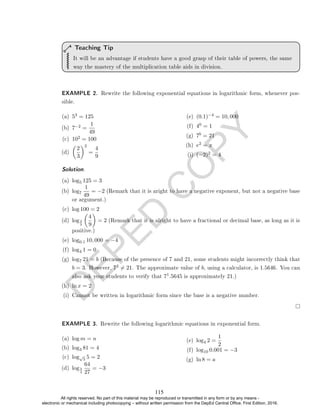 D
E
P
E
D
C
O
P
Y
It will be an advantage if students have a good grasp of their table of powers, the same
way the mastery of the multiplication table aids in division.
Teaching Tip
EXAMPLE 2. Rewrite the following exponential equations in logarithmic form, whenever pos-
sible.
(a) 53 = 125
(b) 7−2 =
1
49
(c) 102 = 100
(d)

2
3
2
=
4
9
(e) (0.1)−4 = 10, 000
(f) 40 = 1
(g) 7b = 21
(h) e2 = x
(i) (−2)2 = 4
Solution. .
(a) log5 125 = 3
(b) log7
1
49
= −2 (Remark that it is aright to have a negative exponent, but not a negative base
or argument.)
(c) log 100 = 2
(d) log2
3

4
9

= 2 (Remark that it is alright to have a fractional or decimal base, as long as it is
positive.)
(e) log0.1 10, 000 = −4
(f) log4 1 = 0
(g) log7 21 = b (Because of the presence of 7 and 21, some students might incorrectly think that
b = 3. However, 73 6= 21. The approximate value of b, using a calculator, is 1.5646. You can
also ask your students to verify that 71.5645 is approximately 21.)
(h) ln x = 2
(i) Cannot be written in logarithmic form since the base is a negative number.
EXAMPLE 3. Rewrite the following logarithmic equations in exponential form.
(a) log m = n
(b) log3 81 = 4
(c) log√
5 5 = 2
(d) log3
4
64
27
= −3
(e) log4 2 =
1
2
(f) log10 0.001 = −3
(g) ln 8 = a
115
All rights reserved. No part of this material may be reproduced or transmitted in any form or by any means -
electronic or mechanical including photocopying – without written permission from the DepEd Central Office. First Edition, 2016.
 