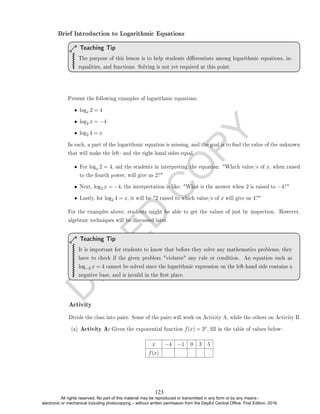D
E
P
E
D
C
O
P
Y
The purpose of this lesson is to help students dierentiate among logarithmic equations, in-
equalities, and functions. Solving is not yet required at this point.
Teaching Tip
Present the following examples of logarithmic equations:
• logx 2 = 4
• log2 x = −4
• log2 4 = x
In each, a part of the logarithmic equation is missing, and the goal is to nd the value of the unknown
that will make the left- and the right-hand sides equal.
• For logx 2 = 4, aid the students in interpreting the equation: Which value/s of x, when raised
to the fourth power, will give us 2?
• Next, log2 x = −4, the interpretation is like: What is the answer when 2 is raised to −4?
• Lastly, for log2 4 = x, it will be 2 raised to which value/s of x will give us 4?
For the examples above, students might be able to get the values of just by inspection. However,
algebraic techniques will be discussed later.
It is important for students to know that before they solve any mathematics problems, they
have to check if the given problem violates any rule or condition. An equation such as
log−2 x = 4 cannot be solved since the logarithmic expression on the left-hand side contains a
negative base, and is invalid in the rst place.
Teaching Tip
Activity
Divide the class into pairs. Some of the pairs will work on Activity A, while the others on Activity B.
(a) Activity A: Given the exponential function f(x) = 3x, ll in the table of values below:
x −4 −1 0 3 5
f(x)
Brief Introduction to Logarithmic Equations
123
All rights reserved. No part of this material may be reproduced or transmitted in any form or by any means -
electronic or mechanical including photocopying – without written permission from the DepEd Central Office. First Edition, 2016.
 