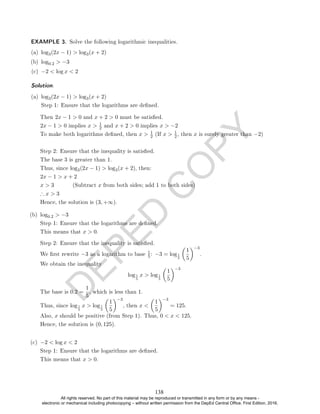 D
E
P
E
D
C
O
P
Y
Then 2x − 1  0 and x + 2  0 must be satised.
2x − 1  0 implies x  1
2 and x + 2  0 implies x  −2
To make both logarithms dened, then x  1
2 (If x  1
2 , then x is surely greater than −2)
Step 2: Ensure that the inequality is satised.
The base 3 is greater than 1.
Thus, since log3(2x − 1)  log3(x + 2), then:
2x − 1  x + 2
x  3 (Subtract x from both sides; add 1 to both sides)
∴ x  3
Hence, the solution is (3, +∞).
(b) log0.2  −3
Step 1: Ensure that the logarithms are dened.
This means that x  0.
Step 2: Ensure that the inequality is satised.
We rst rewrite −3 as a logarithm to base
1
5: −3 = log1
5

1
5
−3
.
We obtain the inequality
log1
5
x  log1
5

1
5
−3
The base is 0.2 =
1
5
, which is less than 1.
Thus, since log1
5
x  log1
5

1
5
−3
, then x 

1
5
−3
= 125.
Also, x should be positive (from Step 1). Thus, 0  x  125.
Hence, the solution is (0, 125).
(c) −2  log x  2
Step 1: Ensure that the logarithms are dened.
This means that x  0.
EXAMPLE 3. Solve the following logarithmic inequalities.
(a) log3(2x − 1)  log3(x + 2)
(b) log0.2  −3
(c) −2  log x  2
Solution. .
(a) log3(2x − 1)  log3(x + 2)
Step 1: Ensure that the logarithms are dened.
138
All rights reserved. No part of this material may be reproduced or transmitted in any form or by any means -
electronic or mechanical including photocopying – without written permission from the DepEd Central Office. First Edition, 2016.
 