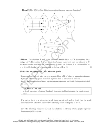 D
E
P
E
D
C
O
P
Y
X Y
f
1
2
3
4
5
3
5
9
17
33
X Y
g
5
6
7
8
9
0
1
X Y
h
7
2
1
11
13
17
19
23
Functions as a graph in the Cartesian plane
The Vertical Line Test
A graph represents a function if and only if each vertical line intersects the graph at most
once.
Solution. The relations f and g are functions because each x ∈ X corresponds to a
unique y ∈ Y . The relation h is not a function because there is at least one element in X
for which there is more than one corresponding y-value. For example, x = 7 corresponds to
y = 11 or 13.Similarly,x = 2corresponds to both y = 17 or 19.
As shown above, ordered pairs can be represented by a table of values or a mapping diagram.
A graphin a Cartesian plane is another representation of a relation or function.
A quick way to determine whether a given graph represents a function is through the vertical
line test:
If a vertical line x = a intersects a graph twice, say at (a, b) and at (a, c), then the graph
cannotrepresent a function because two dierent y-values correspond to x = a.
Give the following examples and ask the students to identify which graphs represent
functions andwhich do not.
EXAMPLE 2. Which of the following mapping diagrams represent functions?
5
All rights reserved. No part of this material may be reproduced or transmitted in any form or by any means -
electronic or mechanical including photocopying – without written permission from the DepEd Central Office. First Edition, 2016.
 