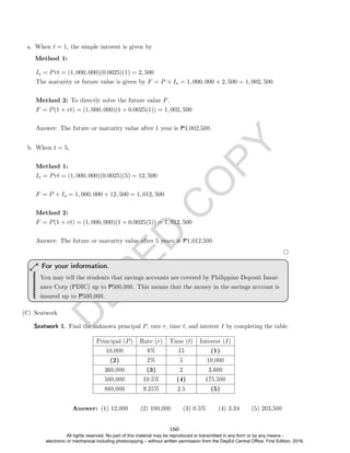 D
E
P
E
D
C
O
P
Y
Is = Prt = (1, 000, 000)(0.0025)(1) = 2, 500
The maturity or future value is given by F = P + Is = 1, 000, 000 + 2, 500 = 1, 002, 500
Method 2: To directly solve the future value F,
F = P(1 + rt) = (1, 000, 000)(1 + 0.0025(1)) = 1, 002, 500
Answer: The future or maturity value after 1 year is P1,002,500.
b. When t = 5,
Method 1:
Is = Prt = (1, 000, 000)(0.0025)(5) = 12, 500
F = P + Is = 1, 000, 000 + 12, 500 = 1, 012, 500
Method 2:
F = P(1 + rt) = (1, 000, 000)(1 + 0.0025(5)) = 1, 012, 500
Answer: The future or maturity value after 5 years is P1,012,500.
You may tell the students that savings accounts are covered by Philippine Deposit Insur-
ance Corp (PDIC) up to P500,000. This means that the money in the savings account is
insured up to P500,000.
For your information.
(C) Seatwork
Seatwork 1. Find the unknown principal P, rate r, time t, and interest I by completing the table.
Principal (P) Rate (r) Time (t) Interest (I)
10,000 8% 15 (1)
(2) 2% 5 10,000
360,000 (3) 2 3,600
500,000 10.5% (4) 175,500
880,000 9.25% 2.5 (5)
a. When t = 1, the simple interest is given by
Method 1:
Answer: (1) 12,000 (2) 100,000 (3) 0.5% (4) 3.34 (5) 203,500
160
All rights reserved. No part of this material may be reproduced or transmitted in any form or by any means -
electronic or mechanical including photocopying – without written permission from the DepEd Central Office. First Edition, 2016.
 