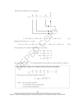 D
E
P
E
D
C
O
P
Y
F
R R · · · R R
0 1 2 · · · n − 1 n
R
R(1 + j)
.
.
.
R(1 + j)n−2
R(1 + j)n−1
F = R + R(1 + j) + R(1 + j)2
+ · · · + R(1 + j)n−2
+ R(1 + j)n−1
(7.1)
Multiply both sides by 1 + j to get
F(1 + j) = R(1 + j) + R(1 + j)2
+ R(1 + j)3
+ · · · + R(1 + j)n−1
+ R(1 + j)n
(7.2)
From equation (7.2), subtract Equation (7.1) to produce
F(1 + j) − F = R(1 + j)n
− R
F[(1 + j) − 1] = R[(1 + j)n
− 1]
F(j) = R[(1 + j)n
− 1]
F = R
(1 + j)n − 1
j
The expression
(1 + j)n − 1
j
is usually denoted by the symbol sn (this is read as `s angle n').
Amount (Future Value) of an Ordinary Annuity (Annuity Immediate)
R R R R R · · · R
0 1 2 3 4 5 · · · n
The amount of an annuity immediate is given by
F = Rsn = R
(1 + j)n − 1
j
,
where R is the regular payment,
j is the interest rate per period, and
n is the number of payments
Illustrate the cash ow in a time diagram.
193
All rights reserved. No part of this material may be reproduced or transmitted in any form or by any means -
electronic or mechanical including photocopying – without written permission from the DepEd Central Office. First Edition, 2016.
 