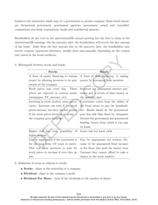 D
E
P
E
D
C
O
P
Y
Bondholders do not vote in the institutionâ€™s annual meeting but the rst to claim in the
institutionâ€™s earnings. On the maturity date, the bondholders will receive the face amount
of the bond. Aside from the face amount due on the maturity date, the bondholders may
receive coupons (payments/interests), usually done semi-annually, depending on the coupon
rate stated in the bond certicate.
2. Distinguish between stocks and bonds.
Stocks Bonds
A form of equity nancing or raising
money by allowing investors to be part
owners of the company.
A form of debt nancing, or raising
money by borrowing from investors
Stock prices vary every day. These
prices are reported in various media
(newspaper, TV, internet, etc).
Investors are guaranteed interest pay-
ments and a return of their money at
the maturity date
Investing in stock involves some uncer-
tainty. Investors can earn if the stock
prices increase, but they can lose money
if the stock prices decrease or worse, if
the company goes bankrupt.
Uncertainty comes from the ability of
the bond issuer to pay the bondhold-
ers. Bonds issued by the government
pose less risk than those by companies
because the government has guaranteed
funding (taxes) from which it can pay
its loans.
Higher risk but with possibility of
higher returns
Lower risk but lower yield
Can be appropriate if the investment is
for the long term (10 years or more).
This can allow investors to wait for
stock prices to increase if ever they go
low.
Can be appropriate for retirees (be-
cause of the guaranteed xed income)
or for those who need the money soon
(because they cannot aord to take a
chance at the stock market)
3. Denition of terms in relation to stocks
• Stocks - share in the ownership of a company
• Dividend - share in the company's prot
• Dividend Per Share - ratio of the dividends to the number of shares
lendersto the institution which may be a government or private company. Some bond issuers
are thenational government, government agencies, government owned and controlled
corporations,non-bank corporations, banks and multilateral agencies.
224
All rights reserved. No part of this material may be reproduced or transmitted in any form or by any means -
electronic or mechanical including photocopying – without written permission from the DepEd Central Office. First Edition, 2016.
 