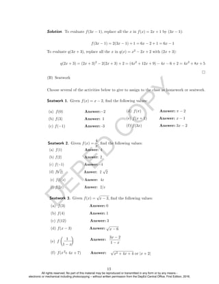 D
E
P
E
D
C
O
P
Y
Solution. To evaluate f(3x − 1), replace all the x in f(x) = 2x + 1 by (3x − 1):
f(3x − 1) = 2(3x − 1) + 1 = 6x − 2 + 1 = 6x − 1
To evaluate q(3x + 3), replace all the x in q(x) = x2 − 2x + 2 with (2x + 3):
q(2x + 3) = (2x + 3)2
− 2(2x + 3) + 2 = (4x2
+ 12x + 9) − 4x − 6 + 2 = 4x2
+ 8x + 5
(B) Seatwork
Choose several of the activities below to give to assign to the class as homework or seatwork.
Seatwork 1. Given f(x) = x − 2, nd the following values:
Seatwork 2. Given f(x) =
4
x
, nd the following values:
√
2
Seatwork 3. Given f(x) =
√
√
x − 6
(e) f

1
1 − x
3x − 2
1 − x
(a) f(0) Answer:−2
(b) f(3) Answer: 1
(c) f(−1) Answer: -3
(d) f(π) Answer: π − 2
(e) f(x + 1) Answer: x − 1
(f) f(3x) Answer: 3x − 2
(a) f(1) Answer: 4
(b) f(2) Answer: 2
(c) f(−1) Answer:−4
(d) f(
(e) f(1/x) Answer: 4x
(f) f(2x) Answer: 2/x
(f) f(x2
x2 + 4x + 4 or |x + 2|
√
+ 4x + 7) Answer:
x − 3, nd the following values:
(a) f(3) Answer: 0
(b) f(4) Answer: 1
(c) f(12) Answer: 3
(d) f(x − 3) Answer:
√
2) Answer: 2

Answer:
13
All rights reserved. No part of this material may be reproduced or transmitted in any form or by any means -
electronic or mechanical including photocopying – without written permission from the DepEd Central Office. First Edition, 2016.
 
