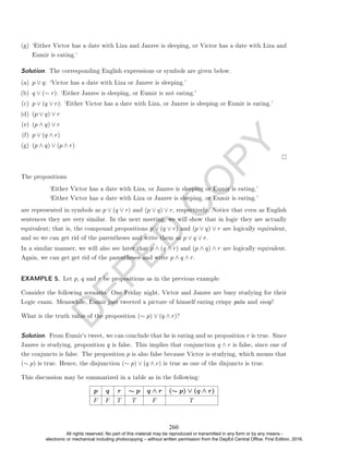 D
E
P
E
D
C
O
P
Y
(g) `Either Victor has a date with Liza and Janree is sleeping, or Victor has a date with Liza and
Eumir is eating.'
Solution. The corresponding English expressions or symbols are given below.
(a) p ∨ q: `Victor has a date with Liza or Janree is sleeping.'
(b) q ∨ (∼ r): `Either Janree is sleeping, or Eumir is not eating.'
(c) p ∨ (q ∨ r): `Either Victor has a date with Liza, or Janree is sleeping or Eumir is eating.'
(d) (p ∨ q) ∨ r
(e) (p ∧ q) ∨ r
(f) p ∨ (q ∧ r)
(g) (p ∧ q) ∨ (p ∧ r)
The propositions
`Either Victor has a date with Liza, or Janree is sleeping or Eumir is eating.'
`Either Victor has a date with Liza or Janree is sleeping, or Eumir is eating.'
are represented in symbols as p ∨ (q ∨ r) and (p ∨ q) ∨ r, respectively. Notice that even as English
sentences they are very similar. In the next meeting, we will show that in logic they are actually
equivalent; that is, the compound propositions p ∨ (q ∨ r) and (p ∨ q) ∨ r are logically equivalent,
and so we can get rid of the parentheses and write them as p ∨ q ∨ r.
In a similar manner, we will also see later that p ∧ (q ∧ r) and (p ∧ q) ∧ r are logically equivalent.
Again, we can get get rid of the parentheses and write p ∧ q ∧ r.
EXAMPLE 5. Let p, q and r be propositions as in the previous example.
Consider the following scenario. One Friday night, Victor and Janree are busy studying for their
Logic exam. Meanwhile, Eumir just tweeted a picture of himself eating crispy pata and sisig!
What is the truth value of the proposition (∼ p) ∨ (q ∧ r)?
Solution. From Eumir's tweet, we can conclude that he is eating and so proposition r is true. Since
Janree is studying, proposition q is false. This implies that conjunction q ∧ r is false, since one of
the conjuncts is false. The proposition p is also false because Victor is studying, which means that
(∼ p) is true. Hence, the disjunction (∼ p) ∨ (q ∧ r) is true as one of the disjuncts is true.
This discussion may be summarized in a table as in the following:
p q r ∼ p q ∧ r (∼ p) ∨ (q ∧ r)
F F T T F T
260
All rights reserved. No part of this material may be reproduced or transmitted in any form or by any means -
electronic or mechanical including photocopying – without written permission from the DepEd Central Office. First Edition, 2016.
 