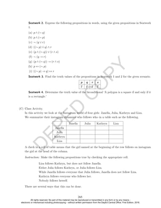 D
E
P
E
D
C
O
P
Y
Seatwork 2. Express the following propositions in words, using the given propositions in Seatwork
1.
(a) p ∧ (∼ q)
(b) p ∧ (∼ p)
(c) ∼ (q ∨ r)
(d) ((∼ p) ∨ q) ∧ r
(e) (p ∧ (∼ q)) ∨ (r ∧ s)
(f) ∼ (q → r)
(g) (p ∧ (∼ q)) → (r ∧ s)
(h) p ↔ (∼ p)
(i) ((∼ p) → q) ↔ r
Seatwork 3. Find the truth values of the propositions in Seatwork 1 and 2 for the given scenario.
p q r s
T F T T
Seatwork 4. Determine the truth value of the biconditional `A polygon is a square if and only if it
is a rectangle.'
(C) Class Activity.
In this activity we look at the Instagram world of four girls: Janella, Julia, Kathryn and Liza.
We summarize their instagram dynamicswho follows whoin a table such as the following.
Janella Julia Kathryn Liza
Janella
Julia
Kathryn
Liza
A check in a cell of table means that the girl named at the beginning of the row follows on instagram
the girl at the head of the column.
Instruction: Make the following propositions true by checking the appropriate cell.
Liza follows Kathryn, but does not follow Janella.
Either Julia follows Kathryn, or Julia follows Liza.
While Janella follows everyone that Julia follows, Janella does not follow Liza.
Kathryn follows everyone who follows her.
Nobody follows herself.
There are several ways that this can be done.
265
All rights reserved. No part of this material may be reproduced or transmitted in any form or by any means -
electronic or mechanical including photocopying – without written permission from the DepEd Central Office. First Edition, 2016.
 