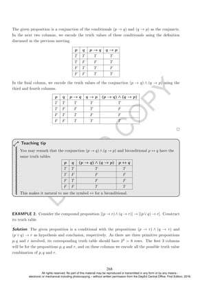 D
E
P
E
D
C
O
P
Y
The given proposition is a conjunction of the conditionals (p → q) and (q → p) as the conjuncts.
In the next two columns, we encode the truth values of these conditionals using the denition
discussed in the previous meeting.
p q p → q q → p
T T T T
T F F T
F T T F
F F T T
In the nal column, we encode the truth values of the conjunction (p → q) ∧ (q → p) using the
third and fourth columns.
p q p → q q → p (p → q) ∧ (q → p)
T T T T T
T F F T F
F T T F F
F F T T T
You may remark that the conjunction (p → q) ∧ (q → p) and biconditional p ↔ q have the
same truth tables.
p q (p → q) ∧ (q → p) p ↔ q
T T T T
T F F F
F T F F
F F T T
This makes it natural to use the symbol ↔ for a biconditional.
Teaching tip
EXAMPLE 2. Consider the compound proposition [(p → r) ∧ (q → r)] → [(p ∨ q) → r]. Construct
its truth table.
Solution. The given proposition is a conditional with the propositions (p → r) ∧ (q → r) and
(p ∨ q) → r as hypothesis and conclusion, respectively. As there are three primitive propositions
p, q and r involved, its corresponding truth table should have 23 = 8 rows. The rst 3 columns
will be for the propositions p, q and r, and on these columns we encode all the possible truth value
combination of p, q and r.
268
All rights reserved. No part of this material may be reproduced or transmitted in any form or by any means -
electronic or mechanical including photocopying – without written permission from the DepEd Central Office. First Edition, 2016.
 