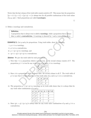 D
E
P
E
D
C
O
P
Y
Notice that the last column of the truth table consists entirely of T. This means that the proposition
[(p → r) ∧ (q → r)] → [(p ∨ q) → r] is always true for all possible combinations of the truth values
of p, q, and r. Such propositions are called tautologies.
2. Dene a tautology and contradiction.
Denition.
A proposition that is always true is called a tautology, while a proposition that is always
false is called a contradiction. A tautology is denoted by τ and a contradiction by φ.
EXAMPLE 3. Let p and q be propositions. Using truth tables, show the following:
i. p ∨ τ is a tautology,
ii. p ∧ φ is a contradiction,
iii. p → (p ∨ q) is a tautology, and
iv. (p ∧ (∼ q)) ∧ (p ∧ q) is a contradiction.
Solution. We give the truth table for each proposition.
i. Note that τ is a proposition which is always true, so the second column consists of T. The
proposition p ∨ τ is true for any truth value of p; hence, it is a tautology.
p τ p ∨ τ
T T T
F T T
ii. Since φ is a proposition which is always false, the second column is all F. The truth table of
p ∧ φ says that it is false regardless of the truth value of p, and so p ∧ φ is a contradiction.
p φ p ∧ φ
T F F
F F F
iii. The proposition p → (p ∨ q) is a tautology as its truth table shows that it is always false for
any truth value combinations of p and q.
p q p ∨ q p → (p ∨ q)
T T T T
T F T T
F T T T
F F F T
iv. Since (p∧ ∼ q) ∧ (p ∧ q) is always false for any truth value combinations of p and q, it is a
contradiction.
270
All rights reserved. No part of this material may be reproduced or transmitted in any form or by any means -
electronic or mechanical including photocopying – without written permission from the DepEd Central Office. First Edition, 2016.
 