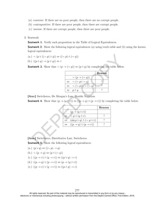 D
E
P
E
D
C
O
P
Y
(b) contrapositive: If there are poor people, then there are corrupt people.
(c) inverse: If there are corrupt people, then there are poor people.
3. Seatwork
Seatwork 1. Verify each proposition in the Table of Logical Equivalences.
Seatwork 2. Show the following logical equivalences (a) using truth table and (b) using the known
logical equivalences:
(a.) ∼ (p ∨ ((∼ p) ∧ q)) ⇔ ((∼ p) ∧ (∼ q))
(b.) ((p ∧ q) → (p ∨ q)) ⇔ τ
Seatwork 3. Show that ∼ (p → (∼ q)) ⇔ (p ∧ q) by completing the table below.
Reason
∼ (p → (∼ q))
⇔ ∼ (∼ p∨ ∼ q) ?
⇔ ∼ (∼ p)∧ ∼ (∼ q) ?
⇔ p ∧ q ?
[Ans:] Switcheroo, De Morgan's Law, Double Negation
Seatwork 4. Show that (p → (q ∧ r)) ⇔ ((p → q) ∧ (p → r)) by completing the table below.
Reason
(p → (q ∧ r))
⇔ ∼ p ∨ (q ∧ r) ?
⇔ (sin p ∨ q) ∧ (∼ p ∨ r) ?
⇔ ((p → q) ∧ (p → r)) ?
[Ans:] Switcheroo, Distributive Law, Switcheroo
Seatwork 5. Show the following logical equivalences.
(a.) (p ∨ q) ⇔ ((∼ p) → q)
(b.) ∼ (p → q) ⇔ (p ∧ (∼ q))
(c.) ((p → r) ∧ (q → r)) ⇔ ((p ∨ q) → r)
(d.) ((p → q) ∨ (p → r)) ⇔ (p → (q ∨ r))
(e.) ((p → r) ∨ (q → r)) ⇔ ((p ∧ q) → r)
(a) converse: If there are no poor people, then there are no corrupt people.
277
All rights reserved. No part of this material may be reproduced or transmitted in any form or by any means -
electronic or mechanical including photocopying – without written permission from the DepEd Central Office. First Edition, 2016.
 