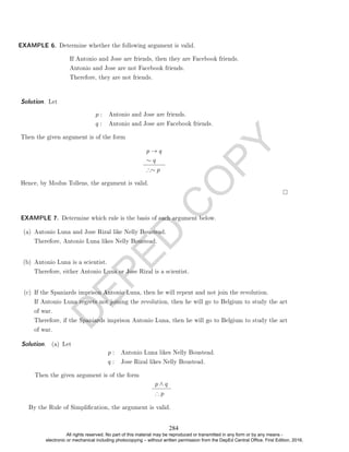 D
E
P
E
D
C
O
P
Y
If Antonio and Jose are friends, then they are Facebook friends.
Antonio and Jose are not Facebook friends.
Therefore, they are not friends.
Solution. Let
p : Antonio and Jose are friends.
q : Antonio and Jose are Facebook friends.
Then the given argument is of the form
p → q
∼ q
∴∼ p
Hence, by Modus Tollens, the argument is valid.
EXAMPLE 7. Determine which rule is the basis of each argument below.
(a) Antonio Luna and Jose Rizal like Nelly Boustead.
Therefore, Antonio Luna likes Nelly Boustead.
(b) Antonio Luna is a scientist.
Therefore, either Antonio Luna or Jose Rizal is a scientist.
(c) If the Spaniards imprison Antonio Luna, then he will repent and not join the revolution.
If Antonio Luna regrets not joining the revolution, then he will go to Belgium to study the art
of war.
Therefore, if the Spaniards imprison Antonio Luna, then he will go to Belgium to study the art
of war.
Solution. (a) Let
p : Antonio Luna likes Nelly Boustead.
q : Jose Rizal likes Nelly Boustead.
Then the given argument is of the form
p ∧ q
∴ p
EXAMPLE 6. Determine whether the following argument is valid.
By the Rule of Simplication, the argument is valid.
284
All rights reserved. No part of this material may be reproduced or transmitted in any form or by any means -
electronic or mechanical including photocopying – without written permission from the DepEd Central Office. First Edition, 2016.
 
