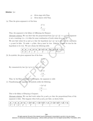 D
E
P
E
D
C
O
P
Y
Solution. Let
p : Alvin sings with Nina.
q : Alvin dances with Nina.
(a) Then the given argument is of the form
p ∨ q
p
∴∼ q
Thus, the argument is the fallacy of Arming the Disjunct.
Alternate solution. We can show that the propositional form [(p ∨ q) ∧ p] →∼ q of the argument
is not a tautology (i.e., it is false for some combination of truth values for p and q).
We now nd values for p and q so that the hypothesis [(p ∨ q) ∧ p] is true but the conclusion
∼ q must be false. To make ∼ q false, then q must be true. Likewise, p must be true for the
hypothesis to be true. We now obtain the following table.
p q ∼ q p ∨ q (p ∨ q) ∧ p [(p ∨ q) ∧ p] →∼ q
T T F T T F
(b) In symbols, the given argument has of the form
p ∨ q
∼ q
∴ p
By commutativity law ((p ∧ q) ⇔ (q ∧ p)), we have
q ∨ p
∼ q
∴ p
Thus, by the Rule of Disjunctive Syllogism, the argument is valid.
(c) Transforming the argument in symbols yields the following.
∼ (p ∧ q)
∼ p
∴ q
This is the fallacy of Denying a Conjunct.
Alternate solution. We can nd truth values for p and q so that the propositional form of the
argument is false. This happens when both p and q are false, as shown below.
p ∼ p q p ∧ q ∼ (p ∧ q) ∼ (p ∧ q)∧ ∼ p [∼ (p ∧ q)∧ ∼ p] → q
F T F F T T F
288
All rights reserved. No part of this material may be reproduced or transmitted in any form or by any means -
electronic or mechanical including photocopying – without written permission from the DepEd Central Office. First Edition, 2016.
 