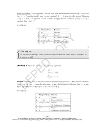 D
E
P
E
D
C
O
P
Y
Alternate solution: Thinking process: We can start with the statement not involving a conditional
(i.e., ∼ r). From this, think: what can we conclude? If ∼ r is true, then by Modus Tollens on
(∼ q) → r, then ∼ (∼ q) must be true. Finally, we apply Modus Tollens on (p ∧ r) → (∼ q) to
conclude that ∼ (p ∧ r).
Actual proof:
Proposition Reason
1 ∼ r Premise
2 (∼ q) → r Premise
3 ∼ (∼ q) 1,2, Modus Tollens
4 (p ∧ r) → (∼ q) Premise
5 ∼ (p ∧ r) 3,4, Modus Tollens
As the previous example shows, there may be more than one correct way to prove that an
argument is valid.
Teaching tip
EXAMPLE 3. Prove the validity of the following argument.
p ∨ r
(∼ r) ∨ (∼ s)
s
∴ p
Solution. Thinking process: We can start with the simple proposition s. What can we conclude?
From ∼ r∨ ∼ s, then ∼ s must be false since s is true. By Disjunctive Syllogism then ∼ r is true.
Again apply Disjunctive Syllogism on p ∨ r to conclude p.
Actual proof:
Proposition Reason
1 s Premise
2 ∼ (∼ s) Double Negation
3 (∼ r) ∨ (∼ s) Premise
4 ∼ r 2,3, Disjunctive Syllogism
5 p ∨ r Premise
6 p 4,5 Disjunctive Syllogism
295
All rights reserved. No part of this material may be reproduced or transmitted in any form or by any means -
electronic or mechanical including photocopying – without written permission from the DepEd Central Office. First Edition, 2016.
 