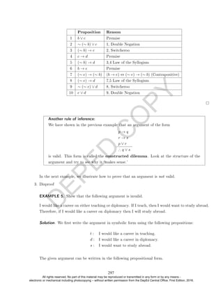 D
E
P
E
D
C
O
P
Y
Proposition Reason
1 b ∨ c Premise
2 ∼ (∼ b) ∨ c 1, Double Negation
3 (∼ b) → c 2, Switcheroo
4 c → d Premise
5 (∼ b) → d 3,4 Law of the Syllogism
6 b → e Premise
7 (∼ e) → (∼ b) (b → e) ⇔ (∼ e) → (∼ b) (Contrapositive)
8 (∼ e) → d 7,5 Law of the Syllogism
9 ∼ (∼ e) ∨ d 8, Switcheroo
10 e ∨ d 9, Double Negation
Another rule of inference:
We have shown in the previous example that an argument of the form
p → q
r → s
p ∨ r
∴ q ∨ s
is valid. This form is called the constructed dilemma. Look at the structure of the
argument and try to see why it `makes sense.'
In the next example, we illustrate how to prove that an argument is not valid.
3. Disproof
EXAMPLE 5. Show that the following argument is invalid.
I would like a career on either teaching or diplomacy. If I teach, then I would want to study abroad.
Therefore, if I would like a career on diplomacy then I will study abroad.
Solution. We rst write the argument in symbolic form using the following propositions:
t : I would like a career in teaching.
d : I would like a career in diplomacy.
s : I would want to study abroad.
The given argument can be written in the following propositional form.
297
All rights reserved. No part of this material may be reproduced or transmitted in any form or by any means -
electronic or mechanical including photocopying – without written permission from the DepEd Central Office. First Edition, 2016.
 
