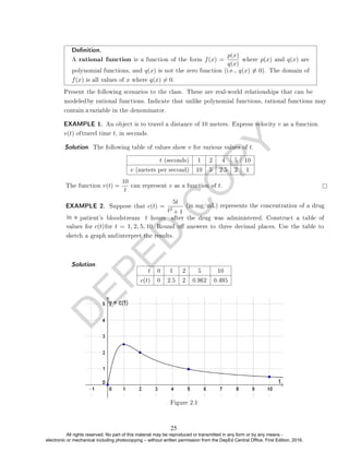 D
E
P
E
D
C
O
P
Y
Denition.
A rational function is a function of the form f(x) =
p(x)
q(x)
where p(x) and q(x) are
polynomial functions, and q(x) is not the zero function (i.e., q(x) 6≡ 0). The domain of
f(x) is all values of x where q(x) 6= 0.
Solution. The following table of values show v for various values of t.
t (seconds) 1 2 4 5 10
v (meters per second) 10 5 2.5 2 1
The function v(t) =
10
t
can represent v as a function of t.
EXAMPLE 2. Suppose that c(t) =
5t
t2
Solution.
t 0 1 2 5 10
c(t) 0 2.5 2 0.962 0.495
Figure 2.1
Present the following scenarios to the class. These are real-world relationships that can be
modeledby rational functions. Indicate that unlike polynomial functions, rational functions may
contain avariable in the denominator.
EXAMPLE 1. An object is to travel a distance of 10 meters. Express velocity v as a function
v(t) oftravel time t, in seconds.
(in mg/mL) represents the concentration of a drug
values for c(t)for t = 1, 2, 5, 10. Round o answers to three decimal places. Use the table to
sketch a graph andinterpret the results.
in a
+ 1
patient's bloodstream t hours after the drug was administered. Construct a table of
25
All rights reserved. No part of this material may be reproduced or transmitted in any form or by any means -
electronic or mechanical including photocopying – without written permission from the DepEd Central Office. First Edition, 2016.
 
