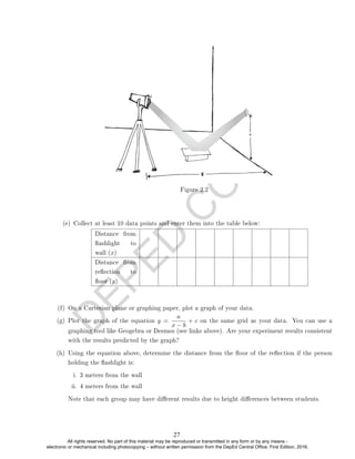 D
E
P
E
D
C
O
P
Y
Figure 2.2
Distance from
ashlight to
wall (x)
Distance from
reection to
oor (y)
(f) On a Cartesian plane or graphing paper, plot a graph of your data.
(g) Plot the graph of the equation y =
a
x − b
+ c on the same grid as your data. You can use a
graphing tool like Geogebra or Desmos (see links above). Are your experiment results consistent
with the results predicted by the graph?
(h) Using the equation above, determine the distance from the oor of the reection if the person
holding the ashlight is:
i. 3 meters from the wall
ii. 4 meters from the wall
Note that each group may have dierent results due to height dierences between students.
(e) Collect at least 10 data points and enter them into the table below:
27
All rights reserved. No part of this material may be reproduced or transmitted in any form or by any means -
electronic or mechanical including photocopying – without written permission from the DepEd Central Office. First Edition, 2016.
 