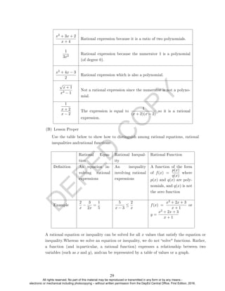 D
E
P
E
D
C
O
P
Y
x2 + 3x + 2
x + 4
Rational expression because it is a ratio of two polynomials.
1
3x2
Rational expression because the numerator 1 is a polynomial
(of degree 0).
x2 + 4x − 3
2
Rational expression which is also a polynomial.
√
x + 1
x3 − 1
Not a rational expression since the numerator is not a polyno-
mial.
1
x + 2
x − 2
The expression is equal to
1
(x + 2)(x − 2)
so it is a rational
expression.
(B) Lesson Proper
Rational Equa-
tion
Rational Inequal-
ity
Rational Function
Denition An equation in-
volving rational
expressions
An inequality
involving rational
expressions
A function of the form
of f(x) =
p(x)
q(x)
where
p(x) and q(x) are poly-
nomials, and q(x) is not
the zero function
Example
2
x
−
3
2x
=
1
5
5
x − 3
≤
2
x
f(x) =
x2 + 2x + 3
x + 1
or
y =
x2 + 2x + 3
x + 1
Use the table below to show how to distinguish among rational equations, rational
inequalities andrational functions:
A rational equation or inequality can be solved for all x values that satisfy the equation or
inequality.Whereas we solve an equation or inequality, we do not solve functions. Rather,
a function (and inparticular, a rational function) expresses a relationship between two
variables (such as x and y), andcan be represented by a table of values or a graph.
29
All rights reserved. No part of this material may be reproduced or transmitted in any form or by any means -
electronic or mechanical including photocopying – without written permission from the DepEd Central Office. First Edition, 2016.
 