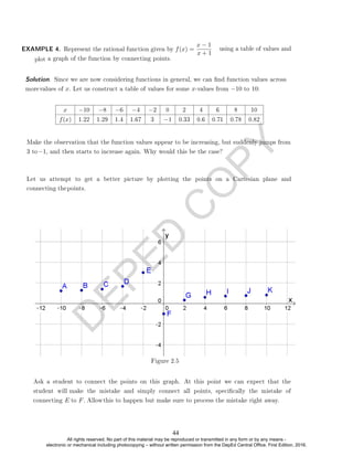 D
E
P
E
D
C
O
P
Y
EXAMPLE 4. Represent the rational function given by f(x) =
x − 1
a graph of the function by connecting points.
x −10 −8 −6 −4 −2 0 2 4 6 8 10
f(x) 1.22 1.29 1.4 1.67 3 −1 0.33 0.6 0.71 0.78 0.82
Figure 2.5
plot
using a table of values and
x + 1
Solution. Since we are now considering functions in general, we can nd function values across
morevalues of x. Let us construct a table of values for some x-values from −10 to 10:
Make the observation that the function values appear to be increasing, but suddenly jumps from
3 to−1, and then starts to increase again. Why would this be the case?
Let us attempt to get a better picture by plotting the points on a Cartesian plane and
connecting thepoints.
Ask a student to connect the points on this graph. At this point we can expect that the
student will make the mistake and simply connect all points, specically the mistake of
connecting E to F. Allowthis to happen but make sure to process the mistake right away.
44
All rights reserved. No part of this material may be reproduced or transmitted in any form or by any means -
electronic or mechanical including photocopying – without written permission from the DepEd Central Office. First Edition, 2016.
 