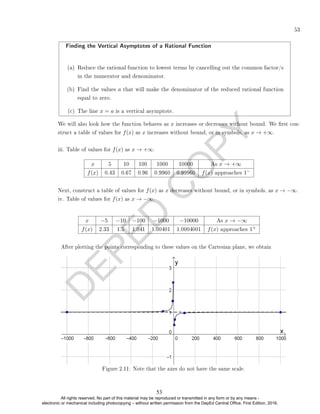 D
E
P
E
D
C
O
P
Y
53
Finding the Vertical Asymptotes of a Rational Function
(a) Reduce the rational function to lowest terms by cancelling out the common factor/s
in the numerator and denominator.
(b) Find the values a that will make the denominator of the reduced rational function
equal to zero.
(c) The line x = a is a vertical asymptote.
We will also look how the function behaves as x increases or decreases without bound. We rst con-
struct a table of values for f(x) as x increases without bound, or in symbols, as x → +∞.
iii. Table of values for f(x) as x → +∞.
x 5 10 100 1000 10000 As x → +∞
f(x) 0.43 0.67 0.96 0.9960 0.99960 f(x) approaches 1−
Next, construct a table of values for f(x) as x decreases without bound, or in symbols, as x → −∞.
iv. Table of values for f(x) as x → −∞.
x −5 −10 −100 −1000 −10000 As x → −∞
f(x) 2.33 1.5 1.041 1.00401 1.0004001 f(x) approaches 1+
After plotting the points corresponding to these values on the Cartesian plane, we obtain
Figure 2.11: Note that the axes do not have the same scale.
53
All rights reserved. No part of this material may be reproduced or transmitted in any form or by any means -
electronic or mechanical including photocopying – without written permission from the DepEd Central Office. First Edition, 2016.
 