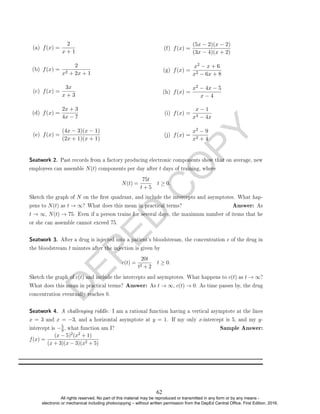 D
E
P
E
D
C
O
P
Y
(a) f(x) =
2
x + 1
(b) f(x) =
2
x2 + 2x + 1
(c) f(x) =
3x
x + 3
(d) f(x) =
2x + 3
4x − 7
(e) f(x) =
(4x − 3)(x − 1)
(2x + 1)(x + 1)
(f) f(x) =
(5x − 2)(x − 2)
(3x − 4)(x + 2)
(g) f(x) =
x2 − x + 6
x2 − 6x + 8
(h) f(x) =
x2 − 4x − 5
x − 4
(i) f(x) =
x − 1
x3 − 4x
(j) f(x) =
x2 − 9
x2 + 4
Seatwork 2. Past records from a factory producing electronic components show that on average, new
employees can assemble N(t) components per day after t days of training, where
N(t) =
75t
t + 5
t ≥ 0.
Sketch the graph of N on the rst quadrant, and include the intercepts and asymptotes. What hap-
pens to N(t) as t → ∞? What does this mean in practical terms? Answer: As
t → ∞, N(t) → 75. Even if a person trains for several days, the maximum number of items that he
or she can assemble cannot exceed 75.
Seatwork 3. After a drug is injected into a patient's bloodstream, the concentration c of the drug in
the bloodstream t minutes after the injection is given by
c(t) =
20t
t2 + 2
t ≥ 0.
Sketch the graph of c(t) and include the intercepts and asymptotes. What happens to c(t) as t → ∞?
What does this mean in practical terms? Answer: As t → ∞, c(t) → 0. As time passes by, the drug
concentration eventually reaches 0.
Seatwork 4. A challenging riddle. I am a rational function having a vertical asymptote at the lines
x = 3 and x = −3, and a horizontal asymptote at y = 1. If my only x-intercept is 5, and my y-
intercept is −5
9, what function am I? Sample Answer:
f(x) =
(x − 5)2(x2 + 1)
(x + 3)(x − 3)(x2 + 5)
62
All rights reserved. No part of this material may be reproduced or transmitted in any form or by any means -
electronic or mechanical including photocopying – without written permission from the DepEd Central Office. First Edition, 2016.
 