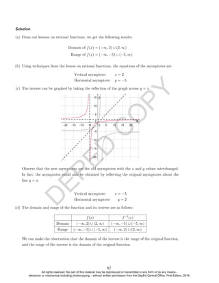 D
E
P
E
D
C
O
P
Y
(a) From our lessons on rational functions, we get the following results:
Domain of f(x) = (−∞, 2) ∪ (2, ∞)
Range of f(x) = (−∞, −5) ∪ (−5, ∞)
(b) Using techniques from the lesson on rational functions, the equations of the asymptotes are
Vertical asymptote: x = 2
Horizontal asymptote: y = −5
(c) The inverse can be graphed by taking the reection of the graph across y = x.
Observe that the new asymptotes are the old asymptotes with the x and y values interchanged.
In fact, the asymptotes could also be obtained by reecting the original asymptotes about the
line y = x.
Vertical asymptote: x = −5
Horizontal asymptote: y = 2
(d) The domain and range of the function and its inverse are as follows:
f(x) f−1(x)
Domain (−∞, 2) ∪ (2, ∞) (−∞, −5) ∪ (−5, ∞)
Range (−∞, −5) ∪ (−5, ∞) (−∞, 2) ∪ (2, ∞)
We can make the observation that the domain of the inverse is the range of the original function,
and the range of the inverse is the domain of the original function.
Solution. .
82
All rights reserved. No part of this material may be reproduced or transmitted in any form or by any means -
electronic or mechanical including photocopying – without written permission from the DepEd Central Office. First Edition, 2016.
 