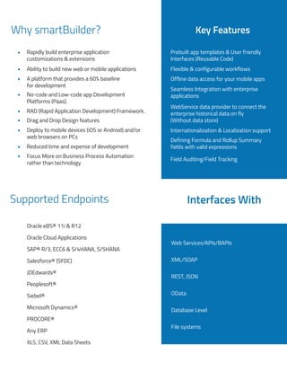 Why smartBuilder?
Rapidly build enterprise application
customizations & extensions
Ability to build new web or mobile applications
A platform that provides a 60% baseline
for development
No-code and Low-code app Development
Platforms (Paas).
RAD (Rapid Application Development) Framework.
Drag and Drop Design features
Deploy to mobile devices (iOS or Android) and/or
web browsers on PCs
Reduced time and expense of development
Focus More on Business Process Automation
rather than technology
Prebuilt app templates & User friendly
Interfaces (Reusable Code)
Flexible & configurable workflows
Offline data access for your mobile apps
Seamless Integration with enterprise
applications
WebService data provider to connect the
enterprise historical data on fly
(Without data store)
Internationalization & Localization support
Defining Formula and Rollup Summary
fields with valid expressions
Field Auditing/Field Tracking
Key Features
Supported Endpoints Interfaces With
Oracle eBS® 11i & R12
Oracle Cloud Applications
SAP® R/3, ECC6 & S/4HANA, S/5HANA
Salesforce® (SFDC)
JDEdwards®
Peoplesoft®
Siebel®
Microsoft Dynamics®
Any ERP
XLS, CSV, XML Data Sheets
PROCORE®
Web Services/APIs/BAPIs
XML/SOAP
REST, JSON
OData
Database Level
File systems
 