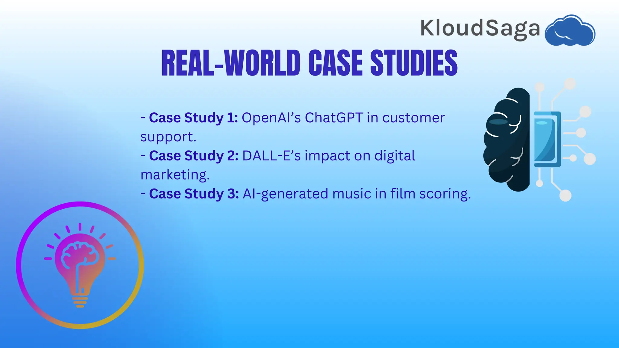 REAL-WORLD CASE STUDIES
- Case Study 1: OpenAI’s ChatGPT in customer
support.
- Case Study 2: DALL-E’s impact on digital
marketing.
- Case Study 3: AI-generated music in film scoring.
 