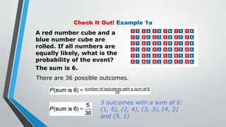 Check It Out! Example 1a
A red number cube and a
blue number cube are
rolled. If all numbers are
equally likely, what is the
probability of the event?
The sum is 6.
5 outcomes with a sum of 6:
(1, 5), (2, 4), (3, 3), (4, 2)
and (5, 1)
There are 36 possible outcomes.
 