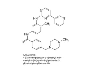 IUPAC name :
4-[(4-methylpiperazin-1-yl)methyl]-N-(4-
methyl-3-{[4-(pyridin-3-yl)pyrimidin-2-
yl]amino}phenyl)benzamide
 