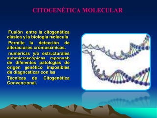 CITOGENÉTICA MOLECULAR
Fusión entre la citogenética
clásica y la biología molecula
Permite la detección de
alteraciones cromosómicas.
numéricas y/o estructurales
submicroscópicas reponsab
de diferentes patologías de
origen genético imposibles
de diagnosticar con las
Técnicas de Citogenética
Convencional.
 