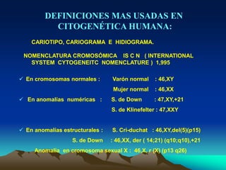 DEFINICIONES MAS USADAS EN
CITOGENÉTICA HUMANA:
CARIOTIPO, CARIOGRAMA E HIDIOGRAMA.
NOMENCLATURA CROMOSÓMICA IS C N ( INTERNATIONAL
SYSTEM CYTOGENEITC NOMENCLATURE ) 1,995
 En cromosomas normales : Varón normal : 46,XY
Mujer normal : 46,XX
 En anomalías numéricas : S. de Down : 47,XY,+21
S. de Klinefelter : 47,XXY
 En anomalías estructurales : S. Cri-duchat : 46,XY,del(5)(p15)
S. de Down : 46,XX, der ( 14;21) (q10;q10),+21
Anomalía en cromosoma sexual X : 46,X, r (X) (p13 q26)
 