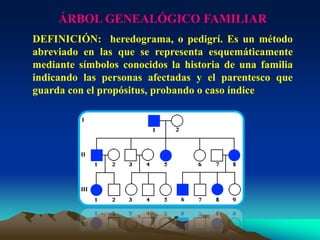 ÁRBOL GENEALÓGICO FAMILIAR
DEFINICIÓN: heredograma, o pedigrí. Es un método
abreviado en las que se representa esquemáticamente
mediante símbolos conocidos la historia de una familia
indicando las personas afectadas y el parentesco que
guarda con el propósitus, probando o caso índice
 