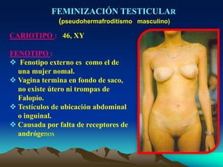 FEMINIZACIÓN TESTICULAR
(pseudohermafroditismo masculino)
CARIOTIPO : 46, XY
FENOTIPO :
 Fenotipo externo es como el de
una mujer nomal.
 Vagina termina en fondo de saco,
no existe útero ni trompas de
Falopio.
 Testículos de ubicación abdominal
o inguinal.
 Causada por falta de receptores de
andrógenos
 