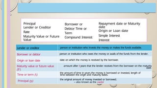 Principal
Lender or Creditor
Rate
Maturity Value or Future
Value
Borrower or
Debtor Time or
Term
Compound Interest
Repayment date or Maturity
date
Origin or Loan date
Simple Interest
Interest
Lender or creditor person or institution who invests the money or makes the funds available.
Borrower or debtor person or institution who owes the money or avails of the funds from the lender.
Origin or loan date date on which the money is received by the borrower.
Maturity value or future value
(F)
amount after t years that the lender receives from the borrower on the maturity
date.
Time or term (t)
the amount of time in years the money is borrowed or invested, length of
time between the origin and maturity dates.
Principal (p)
the original amount of money invested or borrowed.
– also known as the capital
 