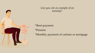 Can you cite an example of an
annuity?
*Rent payment
*Pension
*Monthly payment of carloan or mortgage
 