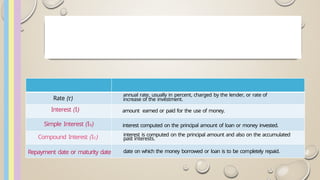 Rate (r)
annual rate, usually in percent, charged by the lender, or rate of
increase of the investment.
Interest (I) amount earned or paid for the use of money.
Simple Interest (Is) interest computed on the principal amount of loan or money invested.
Compound Interest (Ic) interest is computed on the principal amount and also on the accumulated
past interests.
Repayment date or maturity date date on which the money borrowed or loan is to be completely repaid.
 