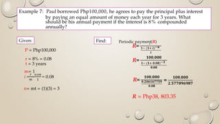 Example 7: Paul borrowed Php100,000, he agrees to pay the principal plus interest
by paying an equal amount of money each year for 3 years. What
should be his annual payment if the interest is 8% compounded
annually?
Given:
P = Php100,000
r = 8% = 0.08
t = 3 years
m= 1
n= mt = (1)(3) = 3
Find: Periodic payment(R)
R = Php38, 803.35
 
